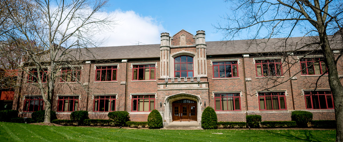 Exterior photo of the front of Moench Hall.