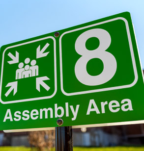 Sign denoting emergency assembly area on campus