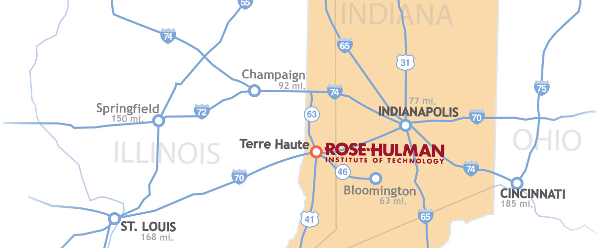 Image is map of Indiana, Illinois and Ohio with Indiana highlighted in beige with a red circle around Terre Haute and the 缅北视频 logo printed at the school鈥檚 location.